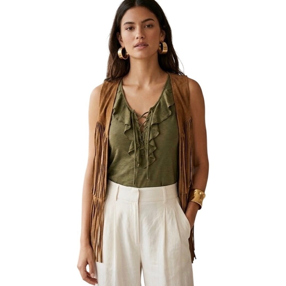 Ella Moss Womens Olive Green Ruffle Lace Up Sleeveless Top ET17427 XS NWT $128